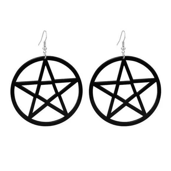 Earrings Large Black Pentagram Circular Dangle Exaggerated Pagan Wicca Astrology - Picture 3 of 4